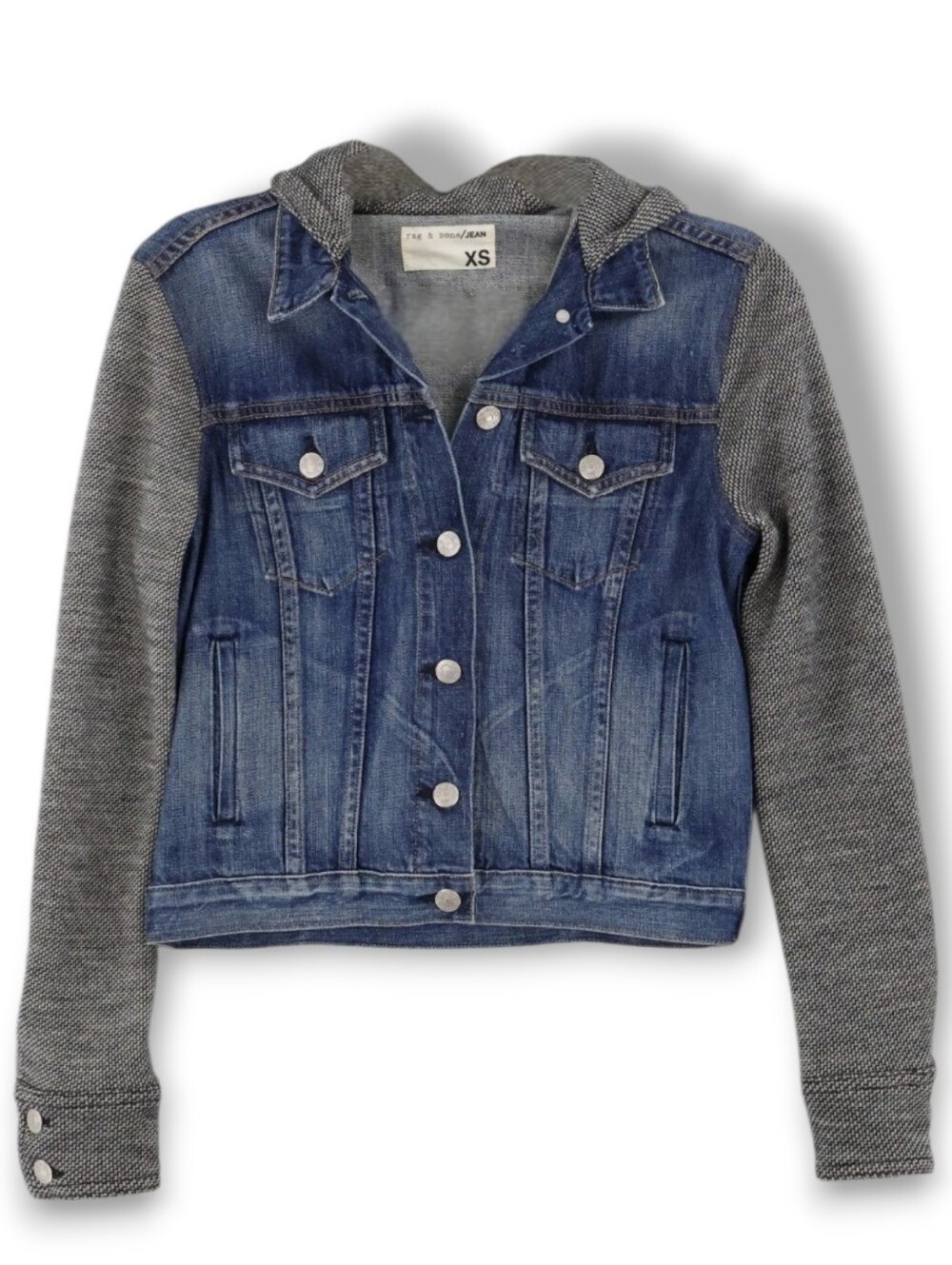 Rag & Bone Bradford Hooded Denim Jacket with Wool Herringbone Sleeves & Hood XS